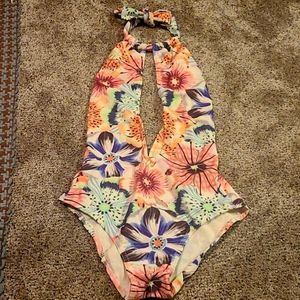 Lenny Plunging Halter Swimsuit, floral